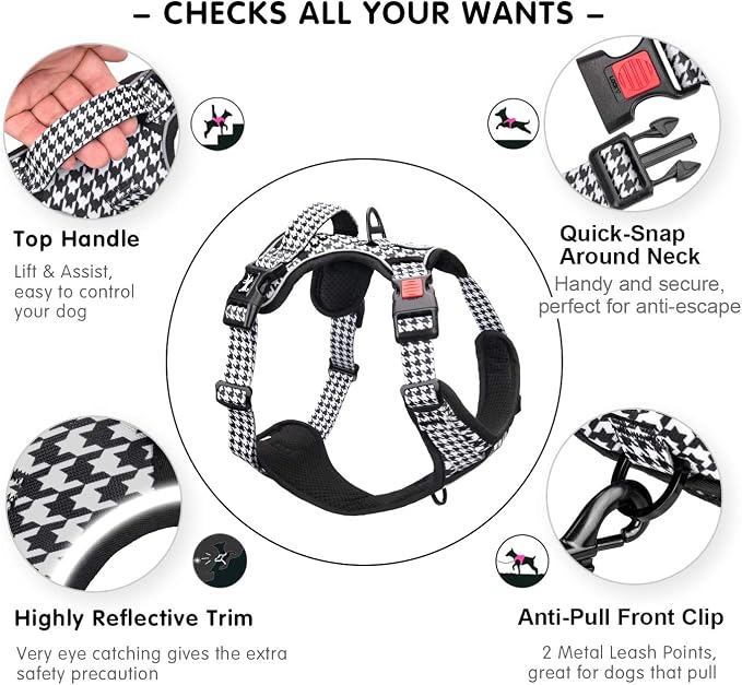 PoyPet Plaid Dog Harness Medium, No Pull Vest with Front Clip & Neck Buckle | Padded Handle, Reflective, No Choke, Lockable, 2 Leash Rings, Full Adjustable, for Training Walking, M, Houndstooth - Image 3