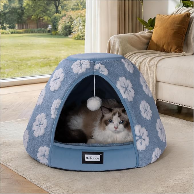 BALANCE Cat Beds for Indoor Cats, 2-in-1 Cat Bed Cave with Anti-Slip Bottom and Ultra-Soft Plush, Cozy Cats House Tent for Kittens and Small Dogs, 21 Inches, Blue by BalancePet