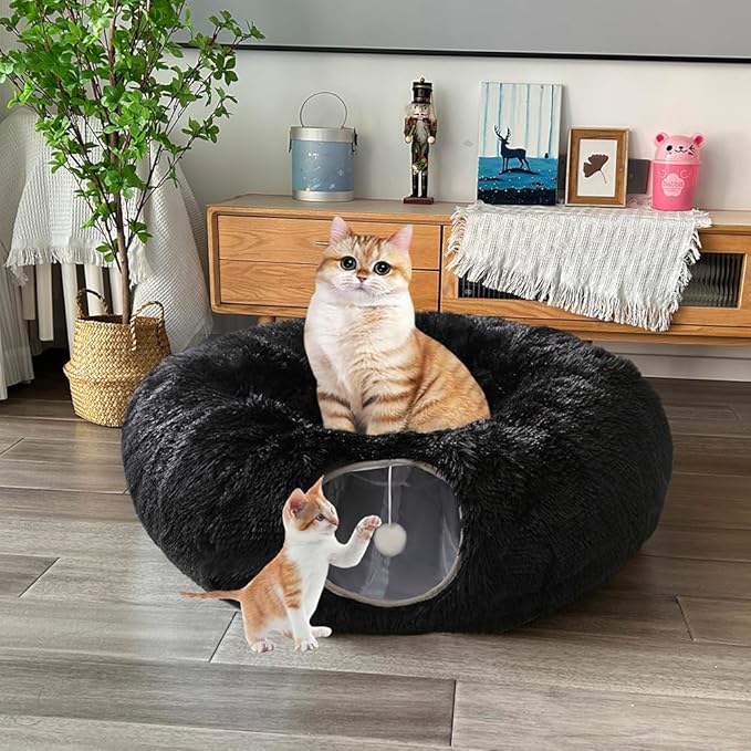 Cat Bed Tunnel Tube Toy Black Plush | Round, Collapsible Pet Tunnels for Indoor Cats, Interactive Toys Play Tubes with Hanging Ball for Kitten, Puppy, Rabbit by Mabaytir