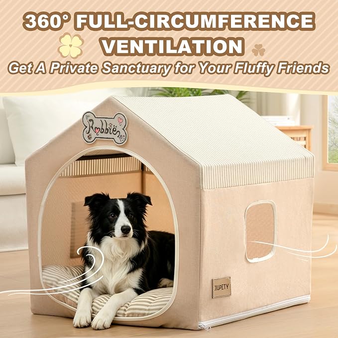ndoor Dog House with Frame, Cute Dog Tent Bed with Cover Cave | Breathable, Washable, and Foldable House, Suitable for 36-66 Lb, Large (29"×29"×29"), Beige - Image 2