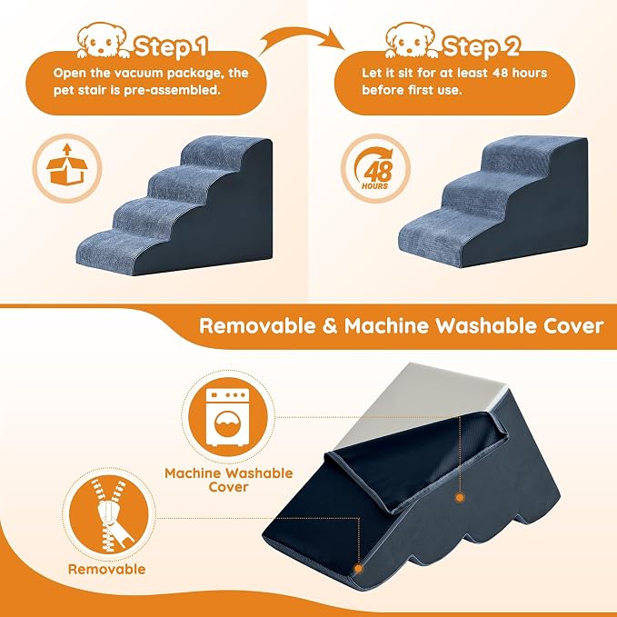 Dog Stairs for Small Dogs 19.7" H, Dog Ramp for Bed, 4-Step, Navy | Dog Steps for Bed, Couch, Pet Stairs with Non-Slip Bottom Design, Cat Scratching,High Density Foam Portable Pet Steps, Indoor - Image 7