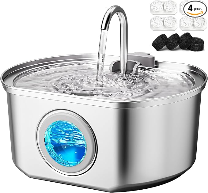 Cat Water Fountain Stainless Steel: 108oz/3.2L Cat Fountain for Drinking | Pet Water Fountain Inside - Automatic Dog Watering Dispenser Bowl - Pet Feeding & Watering Supplies - Water Level Window by Neareal