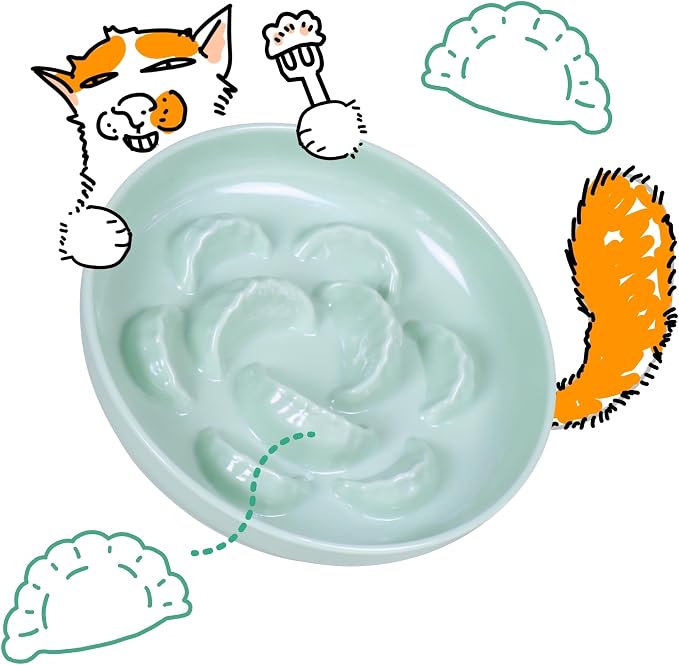 Unbreakable Slow Feeder Bowl for Cats and Small Dogs- Cat Plates for Wet & Dry Food- Melamine Puzzle Cat Bowl for Slow Eating- Whisker Friendly & Dishwasher Safe & Non Slip Design -(Green,6.3'W*1.5H') by FullCharm