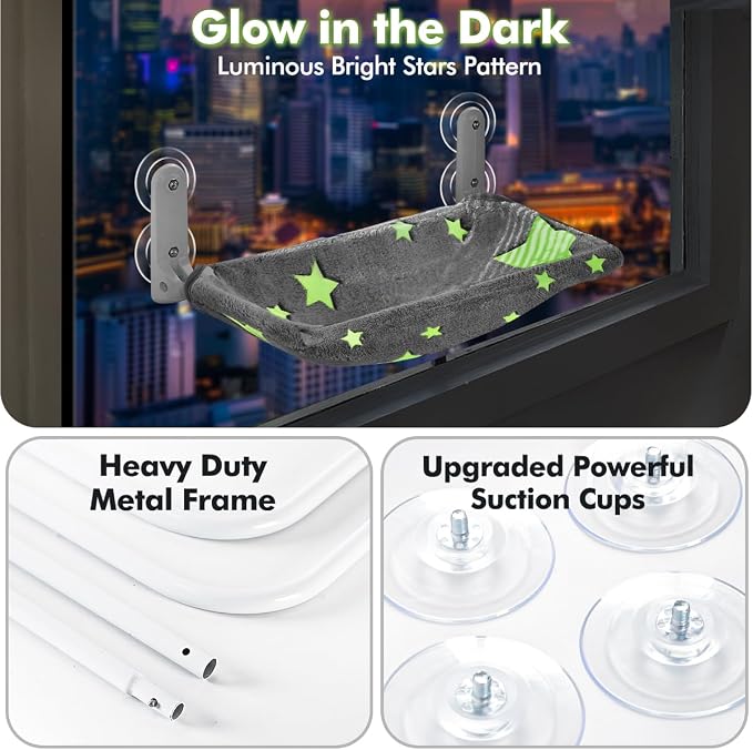 Zoratoo Glow in the Dark Cat Window Perch, Foldable Cordless Pet Hammock, M | Glowing Stars Fabric, Sturdy Metal Frame, Removable for Machine Wash, Comfortable Sunken Design Resting Seat for Indoor Cats - Image 3