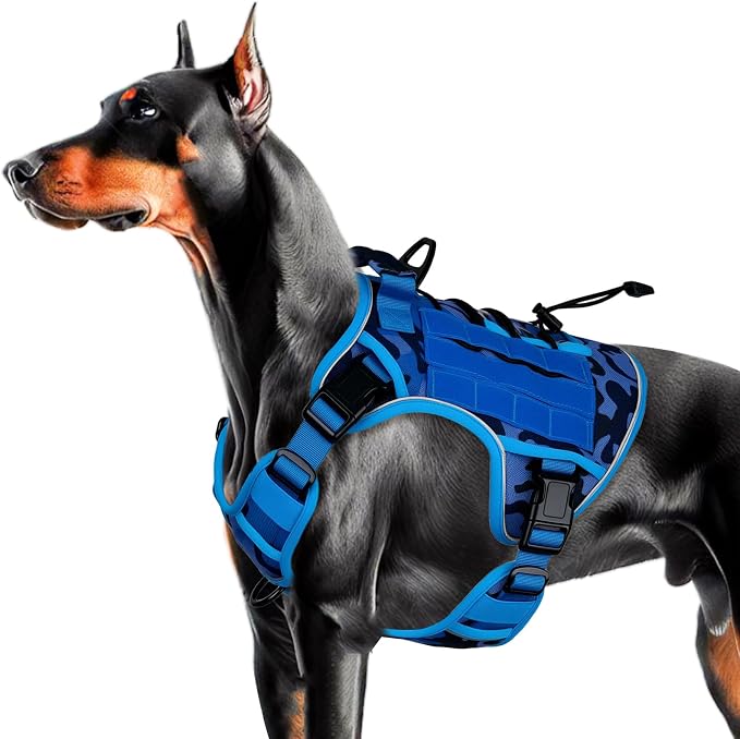 Heavy-Duty Tactical Dog Harness for Large Dogs, No Pull Adjustable Reflective Pet Vest with Molle System, K9 Military-Grade Control for Service Training, Outdoor & 10+ Breeds, Blue Camo, Large by Bruvoalon