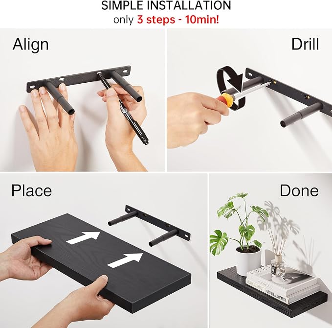 BAYKA Floating Shelves for Wall, Wall Mounted Rustic Wood Shelves for Bathroom, Bedroom, Living Room, Kitchen, Hanging Shelf for Books/Storage/Room Decor with 22lbs Capacity (Black, Set of 3, 15.7in) | Easy Install, Space Saving, Hidden Bracket, Wall S... - Image 8