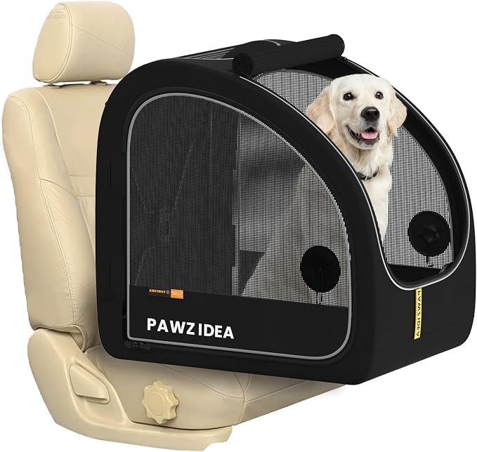 PAWZIDEA Portable Dog Crate for Car Travel, Medium & Large Dogs Up to 80lbs | Enclosed Soft-Sided Dog Car Kennel for Backseat, Secures w/ Seatbelt & Headrest Strap, Collapsible Car Carrier, Chew-Proof by PAWZIDEA-Inlovejoywelive
