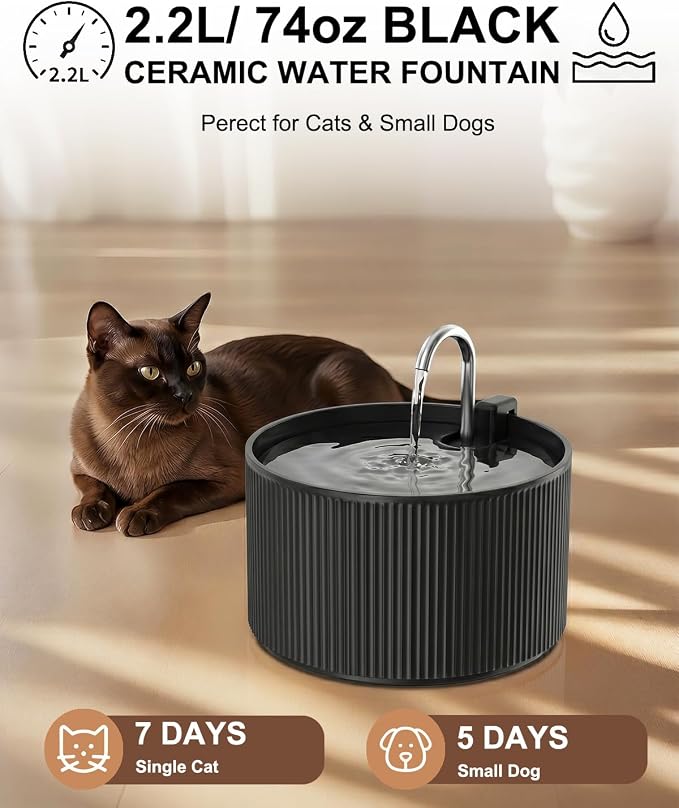 Wonder Creature Ceramic Cat Water Fountain 2.2L/74oz (Black) | Quiet Pet Fountain with BPA-Free Ceramic Material, Triple Filtration System, Easy Cleaning Design for Cats and Dogs - Image 2