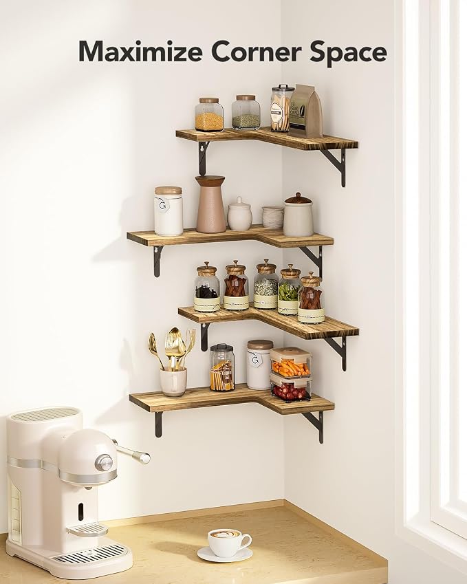 Amada Corner Floating Shelves, Paulownia Wood, Set of 4, Natural Wood | Corner Wall Shelves with Triangular Metal Bracket, 44 lbs Capacity per Shelf, L-Shaped Design for Bathroom, Laundry Room - Image 4