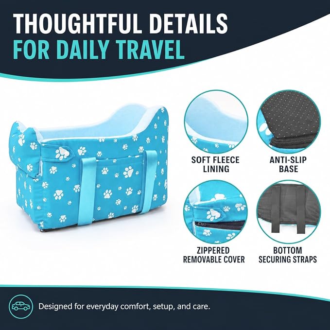 Center Console Dog Car Seat for Small Dogs Under 15lbs,Detachable Washable Booster Pet Car Seat Travel Bed with Storage Pockets and Seat Belt(Blue) - Image 6