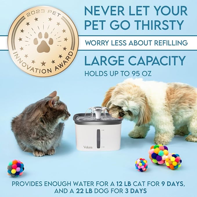 Veken Innovation Award Winner 95oz/2.8L Cat Water Fountain | Automatic Pet Fountain Dog Water Dispenser with 6 Replacement Filters & Silicone Mat for Cats, Dogs (Grey, Plastic) - Image 3