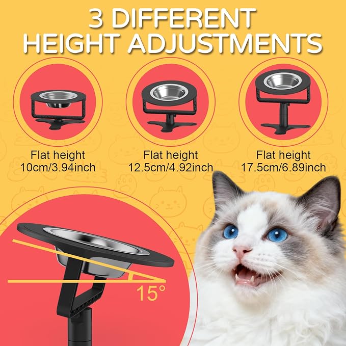 Raised Cat Bowls with Height-Adjustable Stand 15° Tilted Cat Food Bowls Non-Slip Feeder Adjusts to 2.4", 4.02",5.98" with Stainless Steel Bowls Whisker Friendly for Cats and Puppy (Black) - Image 2