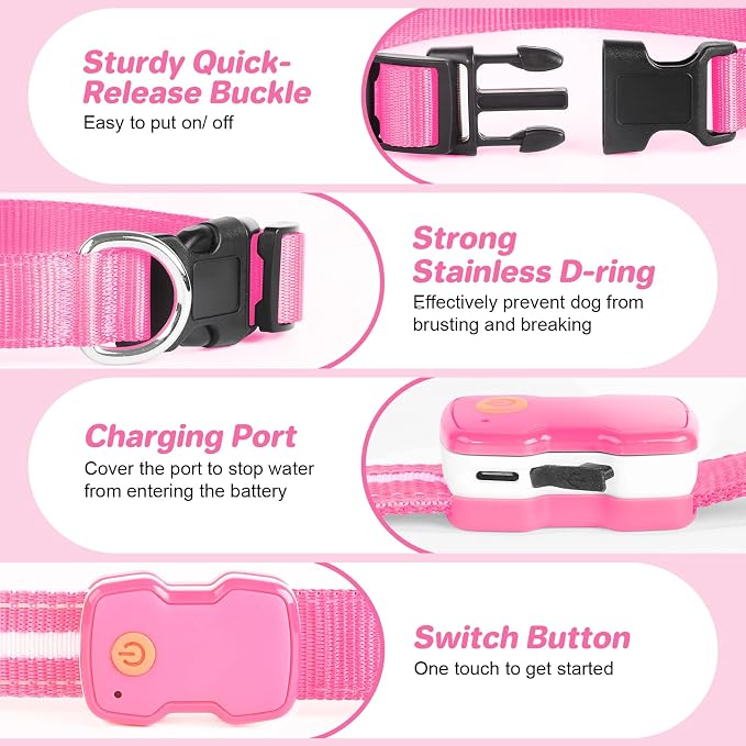 PcEoTllar Light Up Dog Collar, Glow in The Dark for Night Walking, Pink, L | Led Dog Collar for Night Walking, 3 Flashing Mode, USB Charge, For Small Medium Large Dogs, Waterproof, Durable Material - Image 3