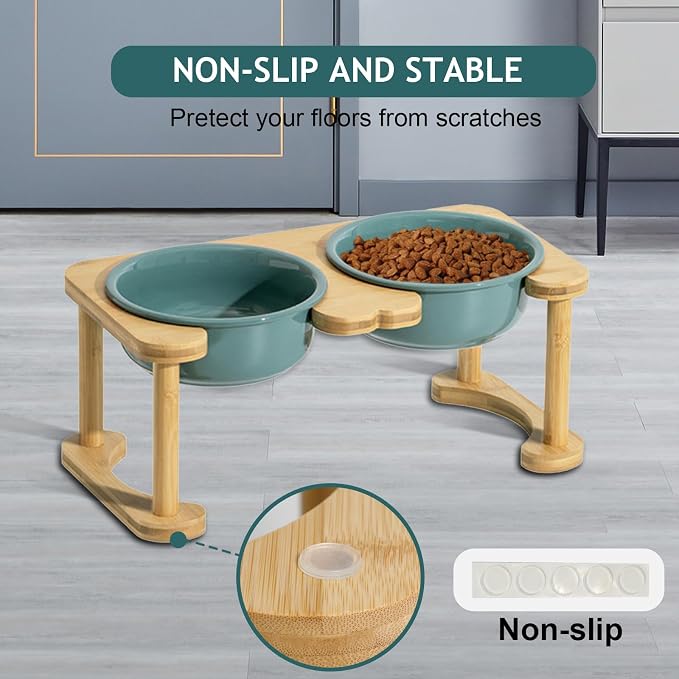 Ceramic Elevated Dog Bowls, Raised Pet Food and Water Bowl Set, Dark Green | Feed Tray For Small and Medium Breeds, 6.9" Wide Double Modern Porcelain Bowls, 6.3" High Wooden Stand, Non-Slip, 28Oz/800ML - Image 6