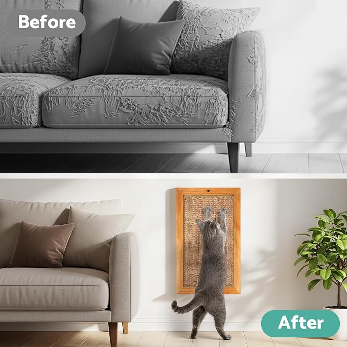Cat Scratching Post, Wooden Sisal Cats Wall Scratcher, Floor or Wall Mounted Vertical Cat Scratch Pad for Indoor Cats Adults or Kittens, Scratching Board Cat Wall Furniture Protector - Image 4