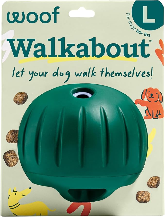 Woof Walkabout Dog Puzzle Treat Dispenser Toy for Dogs 40 lbs & Up | Adjustable treat openings, fits kibble & treats, durable rubber, dishwasher safe, easy to clean by Woof