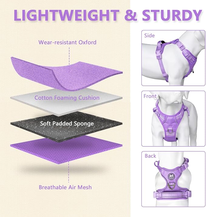 PoyPet No Pull Dog Harness, Reflective Vest with 2 Leash Clips & Handle | Lockable Neck Release Buckle, No Choke, Adjustable, Soft Padded, for Walking Training, Light Purple Matching Trim, Medium - Image 3