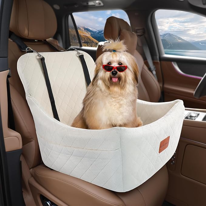 Lealchum Dog car seat for Medium Dogs,Easy to Install with Adjustable Straps,Anti Slip Bottom pet car Bed,Fully Detachable and Washable pet Travel Bed (Beige, Medium) - Image 3