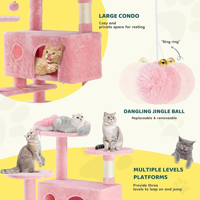 Sweetcrispy 54-inch Cat Tree Tower with Scratching Posts, Indoor Use | Multi Level Indoor Cat Tree Condo with Climbing Ladder, Plush Toy, Play House for Kitten, Pink - Image 5
