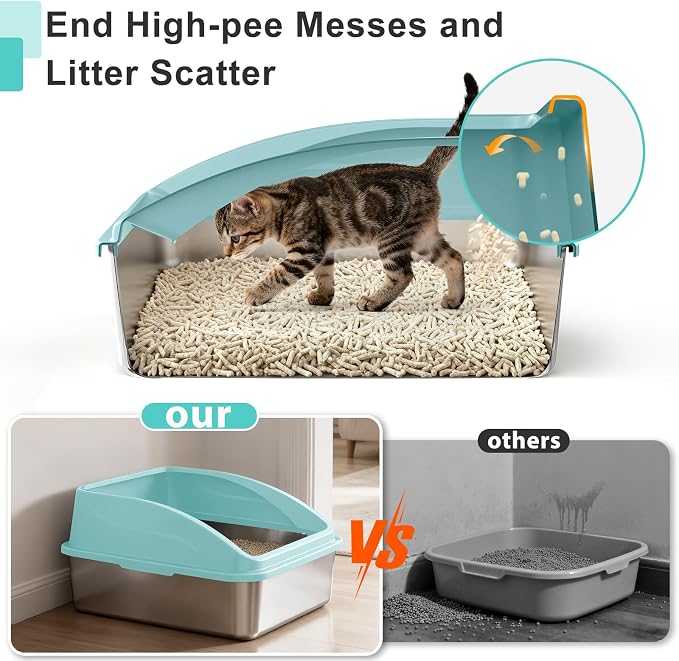 AIPERRO Stainless Steel Cat Litter Box | XXL Deepened 8" Design | Metal High Sided Box with Lid for Big Cats | Anti-Urine Leakage | Non-Stick & Easy to Clean with Litter Mat & Metal Scoop - Image 3
