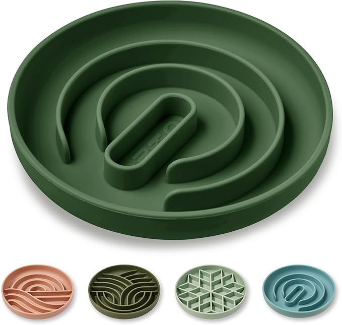 OHMO Slow Feeder Dog Bowl, 7.3" Lick Mat for Dogs, Infinite, Olive Green | Cat Slow Feeder Bowl, Anti Choking, Enrichment Toys, Easy Clean BPA-Free Silicone Feeding Bowl, Boredom and Anxiety Reducer by OHMO