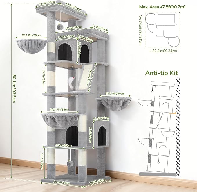 Globlazer 80in Extra Large Tall Corner Cat Tree Tower, S80G, Light Grey | Multi-Level Cat Condo for Multiple Indoor Cats Large Adult Kittens, Scratching Posts, Widened Perches, Adjustable Baskets - Image 6