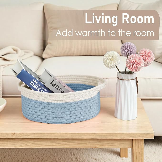JMvicyroam Small Woven Basket, Empty Gift Basket, White&Blue/1 Pack | Small Gift Basket, Cotton Rope, 12 x 8 x 63 in, Handles, Includes Ribbon and Bag, Birthday Gift Basket - Image 7