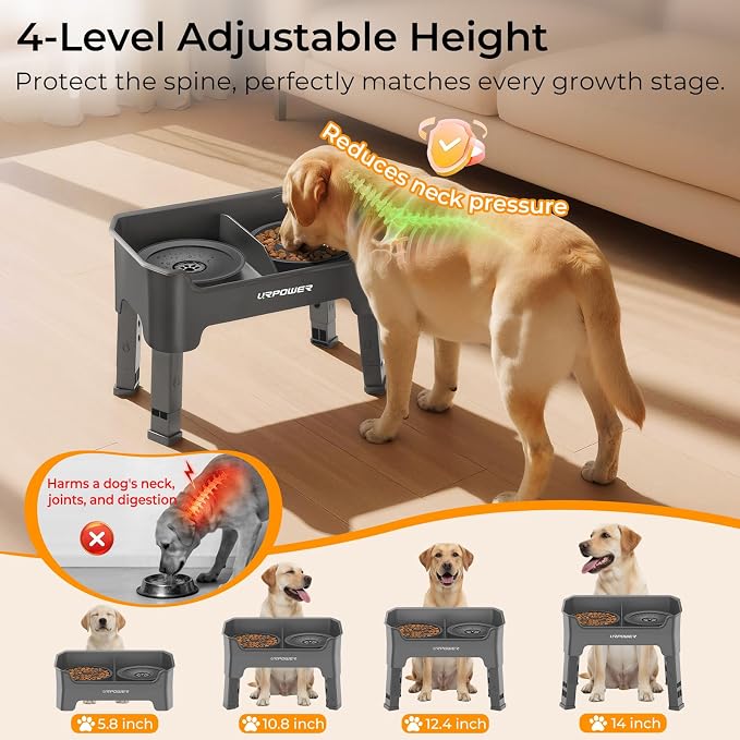 URPOWER Mess Proof Elevated Dog Bowls 4 Height Adjustable Raised Stand | No Spill Water Bowl, Slow Feeder Dog Bowls, Non-Slip Food and Water Bowl Set for Small, Medium & Large Dogs - Image 6