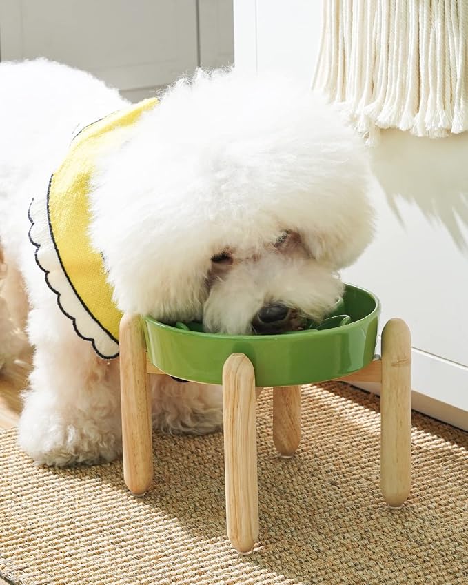 LE TAUCI Ceramic Slow Feeder Dog Bowls Elevated, 3 Cup Raised Bowl with Wooden Stand for Medium Large Breed, Slow Down Eating, Puzzle Dog Food Bowl, Clover Green - Image 2