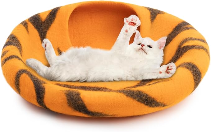 Luxurious Merino Wool Cat Cave - Foldable Hideaway Pod for Indoor Cats - Premium Felt Kitten Pet Enclosure - Covered Cat House for Ultimate Cozy Comfort by Woolygon (Tiger) - Image 3