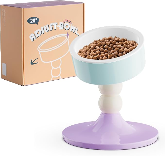 Ceramic Elevated Raised Cat Bowls,3 Heights Adjustable Raised Dog Bowl Stand for Indoor Cats and Small Dogs,15° Tilted Cat Food Feeding Dishes，Adjusts to 4.69", 5.98", 7.28" (Pink & White) by MIUPET