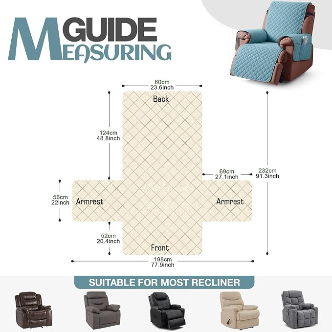 KinCam 100% Waterproof Recliner Chair Covers Washable, 23.6", Light Blue | Anti Slip Reclining Couch Covers for Pets Dog, Recliner Sofa Slipcover Storage Pocket, Furniture Protector with Elastic Strap - Image 4