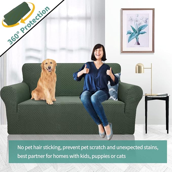 YEMYHOM Couch Cover Latest Jacquard Design High Stretch Sofa Covers for 2 Cushion Couch, Pet Dog Cat Proof Loveseat Slipcover Non Slip Magic Elastic Furniture Protector (Loveseat, Army Green) - Image 2
