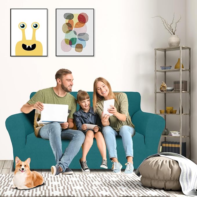 MAXIJIN Loveseat Cover Sofa Covers (55"-69"), 1-Piece Stretch Couch Covers for 2 Cushion Couch Love Seat Slipcover with Elastic Bottom for Kids,Dog (Loveseat, Diamond Pattern Blackish Green) - Image 2