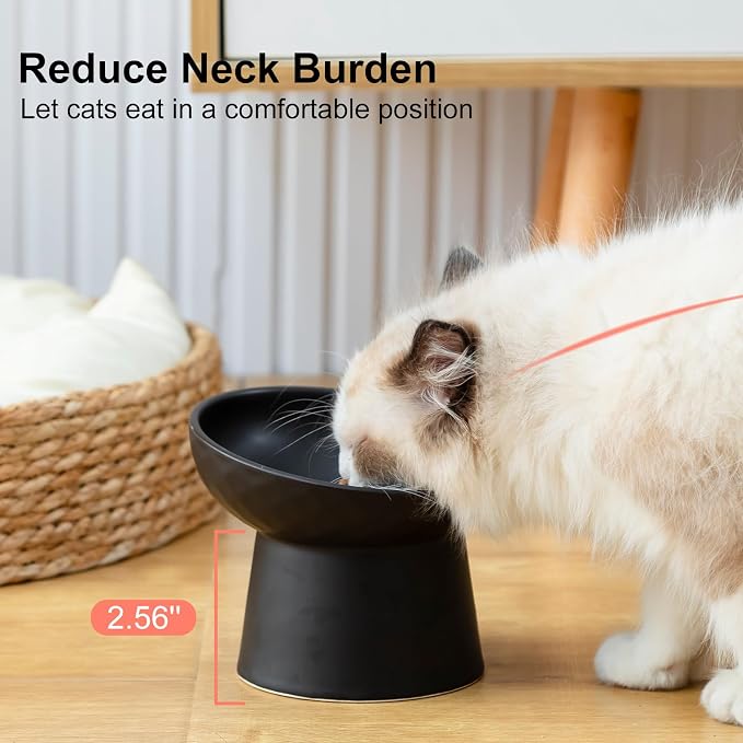 YauYik Ceramic Elevated Cat Bowls - 15°Tilted Cat Food Bowls for Indoor Cats, Whisker Fatigue Relief Shallow Cat Bowl, Anti Vomiting Raised Cat Feeding Bowls,8 Ounces, Black, 2 Pack - Image 3