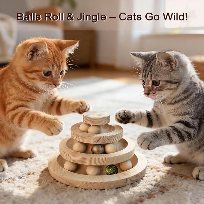 Solid Wood Cat Ball Track,Heavy Duty 3-Tier Interactive Cat Toy Tower with 9 Removable Balls,Bell & Catnip,No Assembly Required,Anti-Tip Sturdy Base for Indoor Cats, Kittens & Large Cats - Image 4