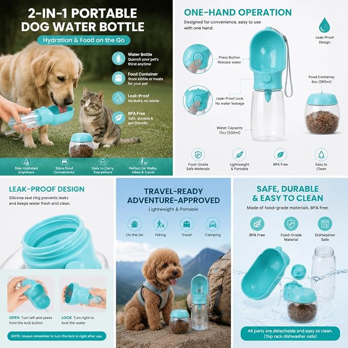 2-in-1 Dog Cat Portable Water & Food Travel Dispenser Bottle(Pink) | 2-in-1 travel pet cup with 500ml water & 180ml food storage, leak-proof portable feeder for dog cat walking hiking trips - Image 3