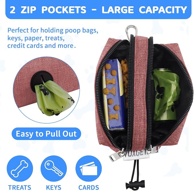 Dog Poop Bag Holder with Treat Pouch, 2 Zipper Pockets & Leash Clip | Waste Bag Dispenser with 1 Roll Poop Bags, Quick Access Treat Storage, Hands-Free Design for Dog Walking, Training & Travel - Image 3
