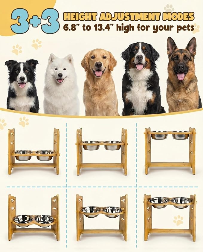 Jovrun Elevated Dog Bowls, Adjustable Raised Dog Bowl Stand for Medium Large Size Dogs, 15°Tilted Elevated Dog Bowls, Durable Bamboo Dogs Feeder with 2 Stainless Steel Bowls and Non-Slip Feet - Image 2