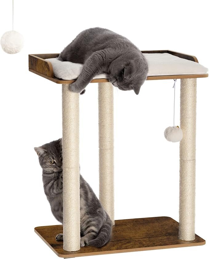 26.7in Large Cat Tree Tower Condo, Cat Scratch Posts for Indoor Cats, Big Plate, Three 23.6in Full Sisal Scratching Posts, Rustic Brown by FourFurPets