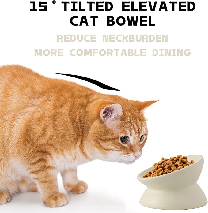 Ceramic Raised Cat Bowl, Cat Food Bowls Elevated Tilted, Ceramic Pet Bowl Whisker Friendly, Anti Vomit & Reduce Neck Burden for Food and Water (Cream-White) - Image 4