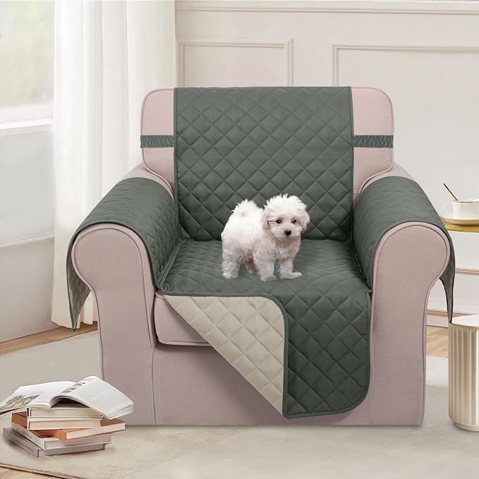 U-NICE HOME Reversible Oversized 28''Chair Covers, Grey/Beige | Armchair Cover for dogs Washable, Pet Friendly, Elastic Straps, Water Repellent, Diamond Quilted - Image 2