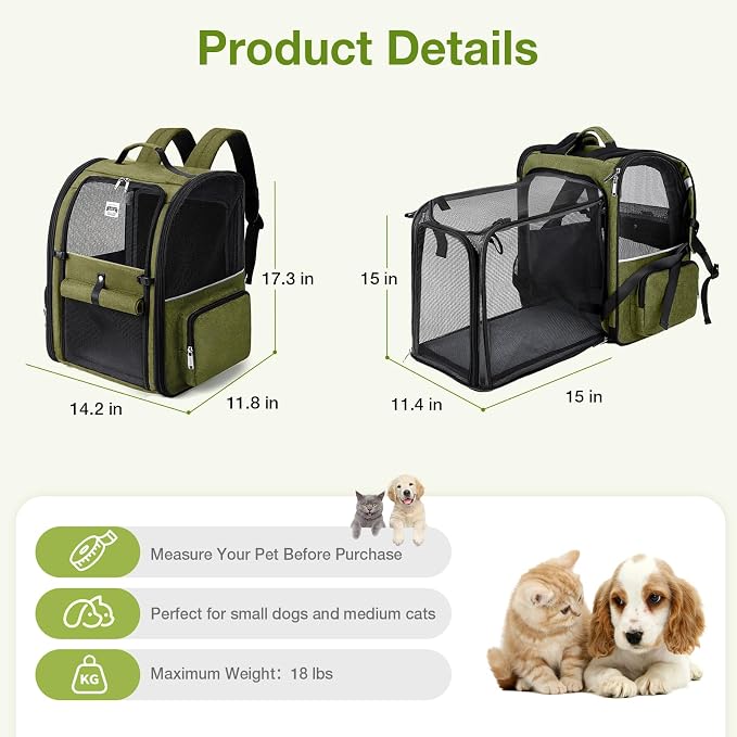 Large Cat Backpack Carrier Expandable Pet Carrier Backpack for Small Dogs Medium Cats Fit Up to 18 Lbs, Dog Backpack Carrier, Foldable Puppy Backpack Carrier for Travel,Dark Green, Large - Image 2