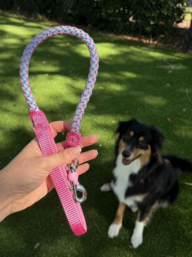 Reflective Dog Leash 2/3/4/6/10ft Braided 1/2" Strong Nylon Rope | 2FT Pink Dog Leash for Large Medium Small Dogs Walking Training Leads - Image 4