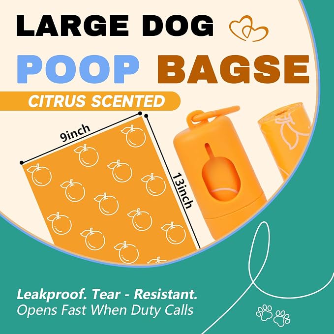 Citrus Scented Dog Poop Bags - 8 Rolls 120 counts Leak Proof | Extra Large 13x9 Inch Orange Dog poop bags rolls with Dispensers, Fragrance Bags for Dogs Walking and Cat Litter - Image 2