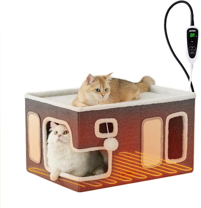 ZOMISIA Heated Cat House for Indoor Cats - Large Cat Warming Bed for Winter with Fluffy Ball Hanging and Adjustable Heating Pad, Foldable Cat Hideaway,23x16.5x13 inches, Grey by Zomisia