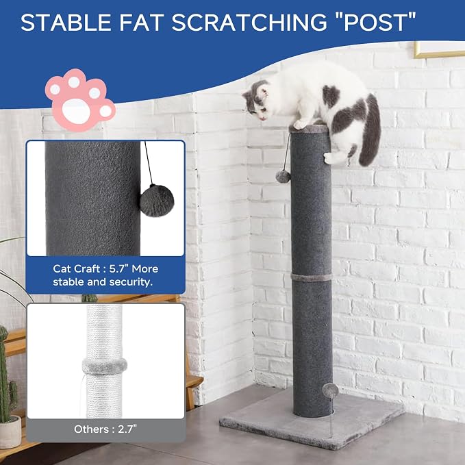 Cat Craft 41" Tall Short Plush Cat Scratching Post for Indoor Cats, Gray | Short Plush Fabric, Stable Wide Base, Replaceable Hanging Ball, Full Stretch Design - Image 2