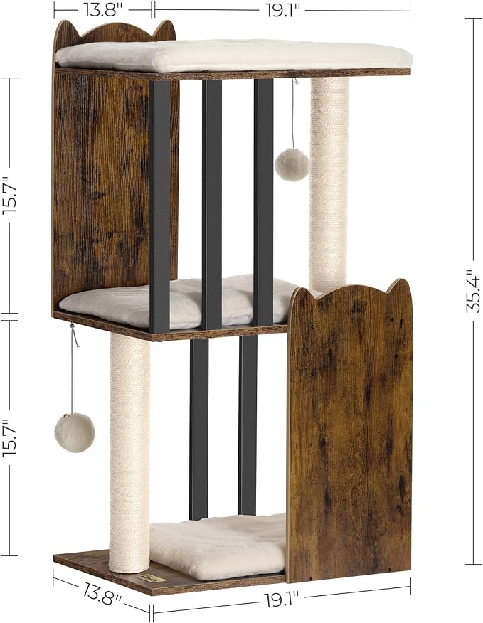 35.4in 3-Tier Modern Cat Tree Tower Condo, Cat Scratch Posts for Indoor Cats, Big Plate, Two Full Sisal Scratching Posts, Rustic Brown - Image 7