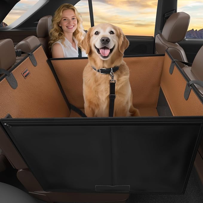 FURTIME Large Dog Car Seat, Upgraded PU Leather Back Seat Extender with Hard Bottom, Waterproof Pet Car Seat Cover for Medium Sized Dog, Pet Hammock for Cars, SUVs, Trucks, Brown by FURTIME