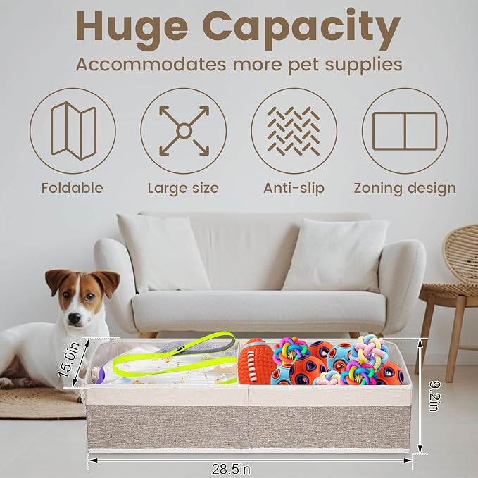 Large Dog Toy Basket with Handle, Foldable Dog Toy Box for Living Room Area , 28.5" Basket for Dog's Supplies, Organizer and Storage with Hard Board, Anti-Slip for Pet Toys (Brown, Large 28.5"×15") - Image 2